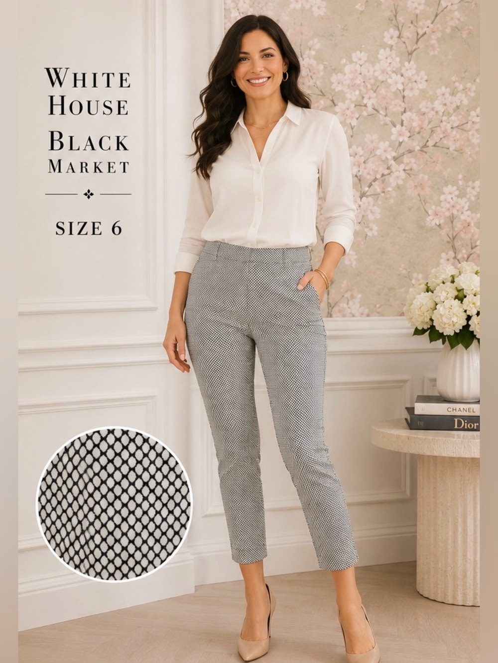 White House Black Market Size 6 Black White Micro Print Ankle Pants